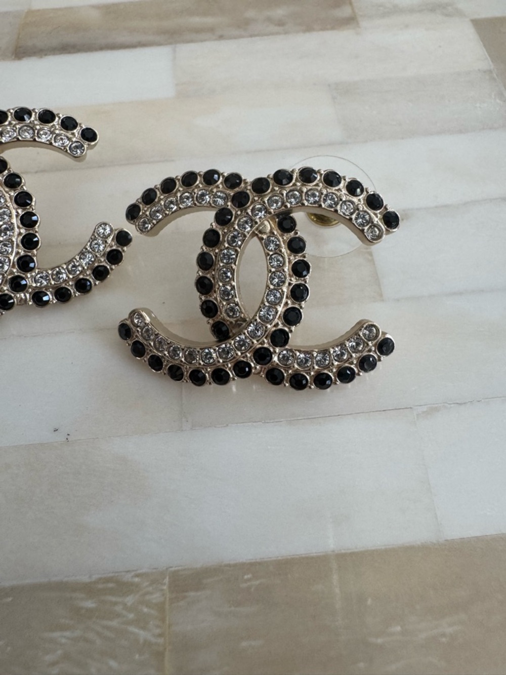 CHANEL Chanel Coco Mark Rhinestone Earrings A22B Gold, Black, Crystal w Tags - Picture 3 of 9